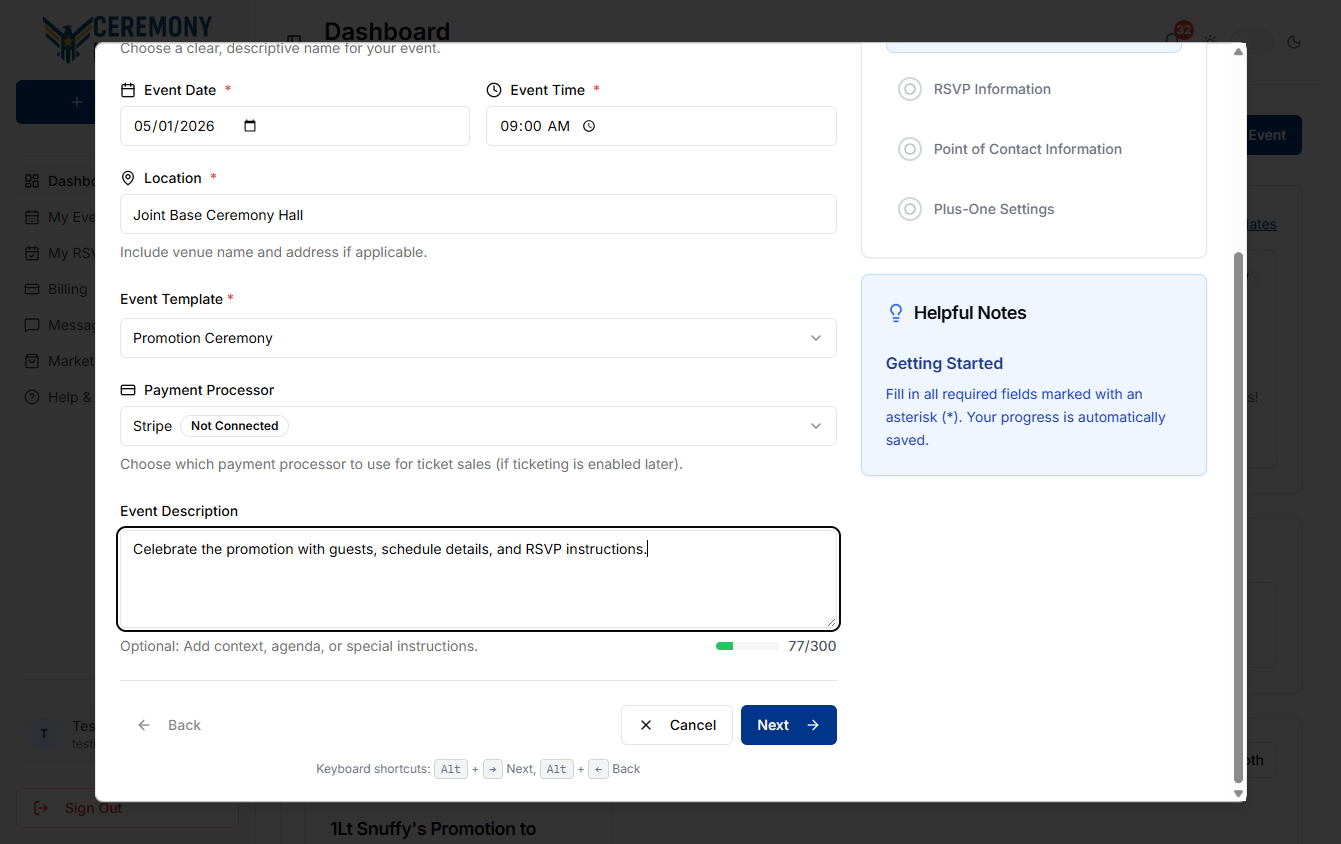 Create an Event step 2